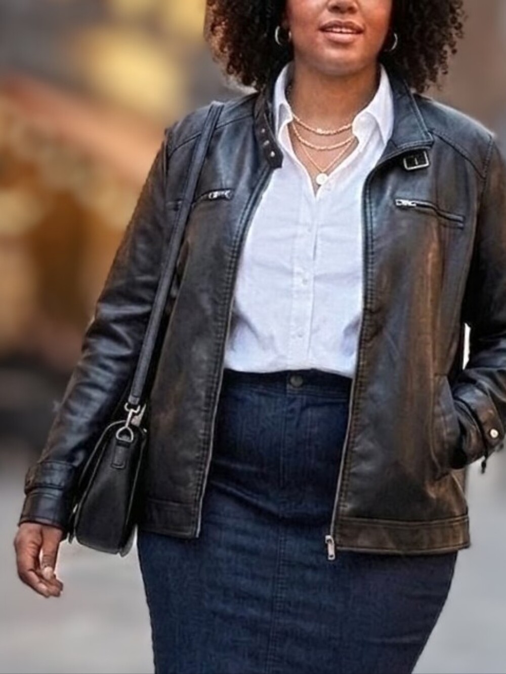 George Black Faux Leather Bomber Jacket with Buckle Collar